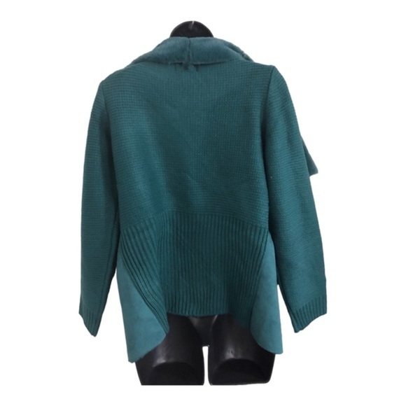 Green faux fur shawl collar textured knit cardigan jacket shacket size Medium - Picture 11 of 13